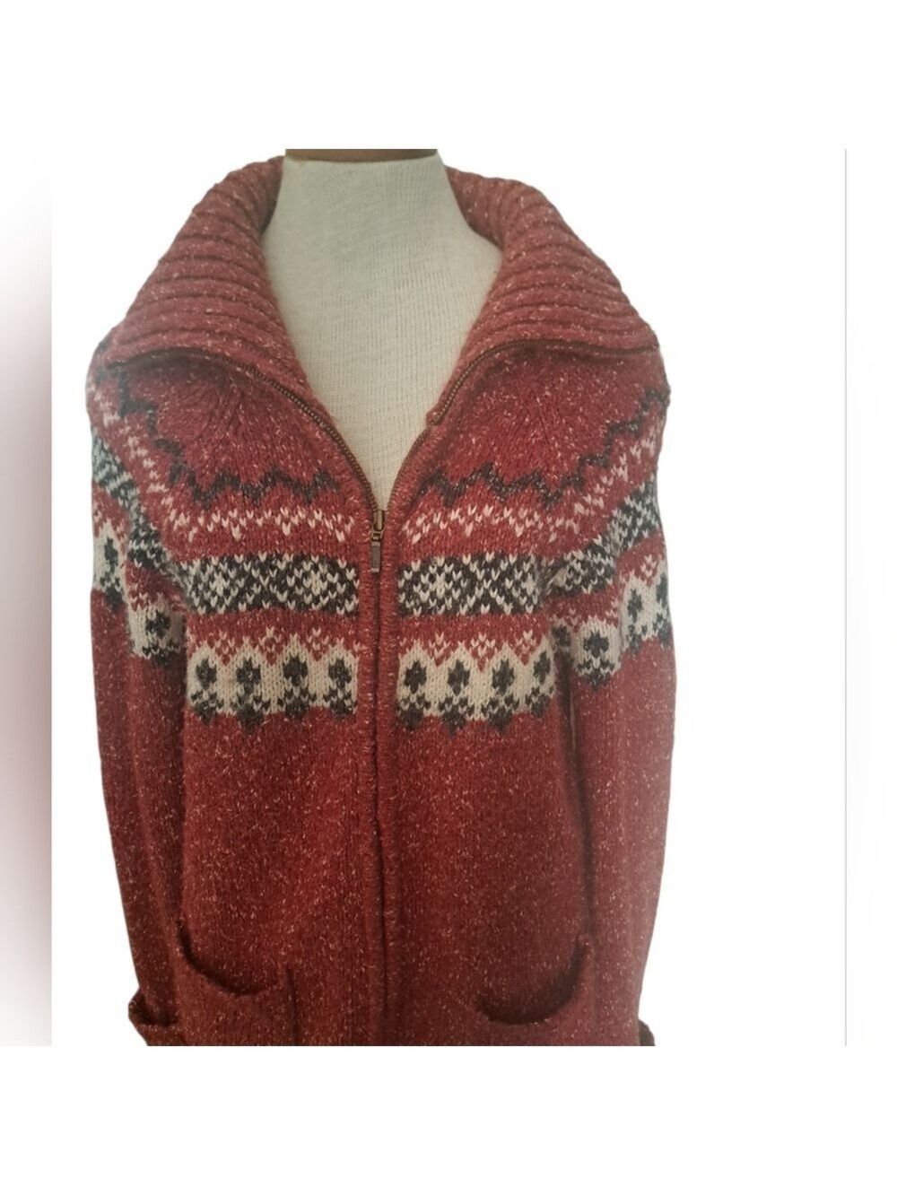 VTG ONE on ONE Cotton Wool Blend Zip Front Cardigan Sweater Aztec Knit Ladies LG